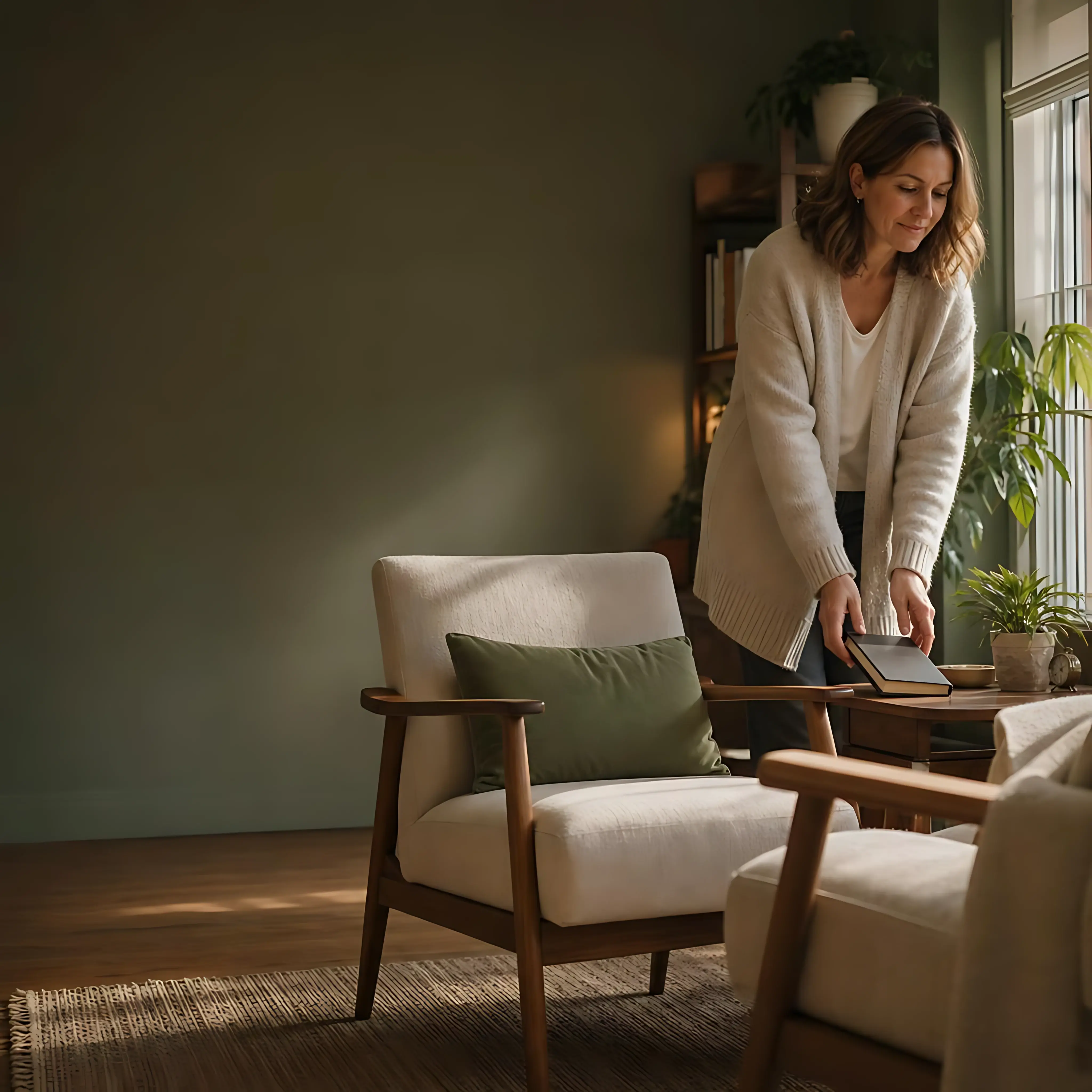 A practitioner finishing her day in a softly lit sage-green therapy room